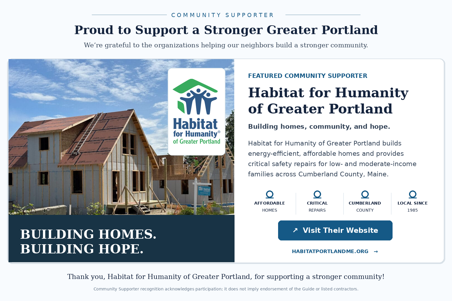 Habitat for Humanity of Greater Portland, featured as a Portland Contractor Guide Community Supporter