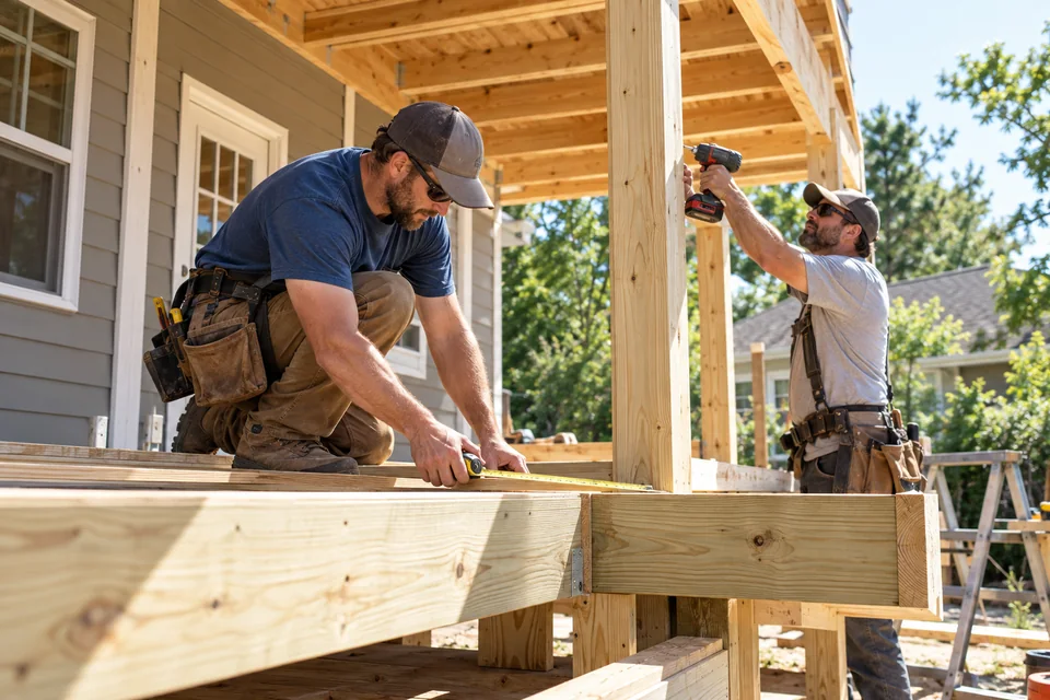 Carpenters framing a residential porch addition