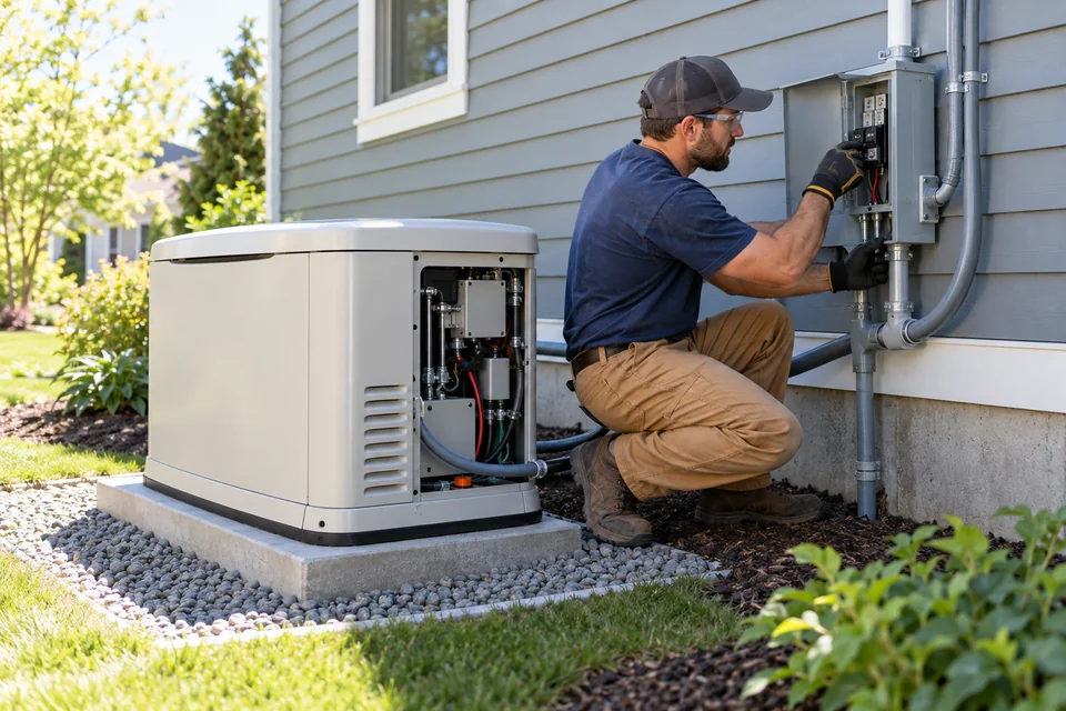Electrician installing a residential standby generator