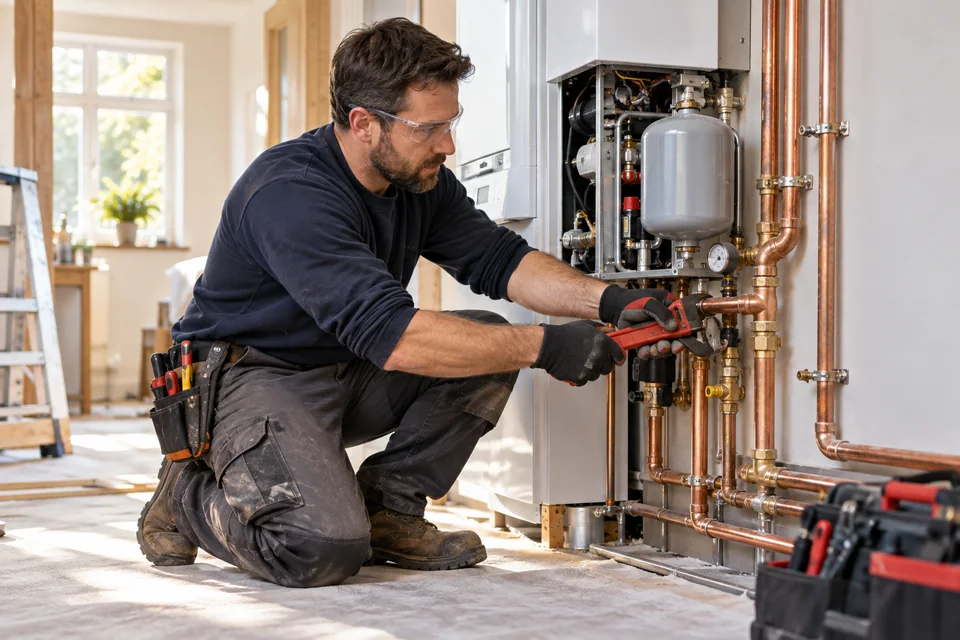 Plumber repairing a home's heating and water pipes