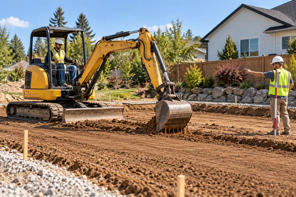 Small site crew grading a residential lot with an excavator