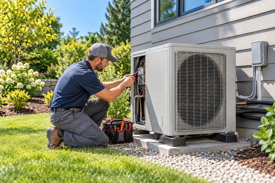 HVAC technician servicing an outdoor heat pump