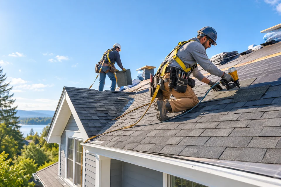 Roofers installing shingles on a residential roof