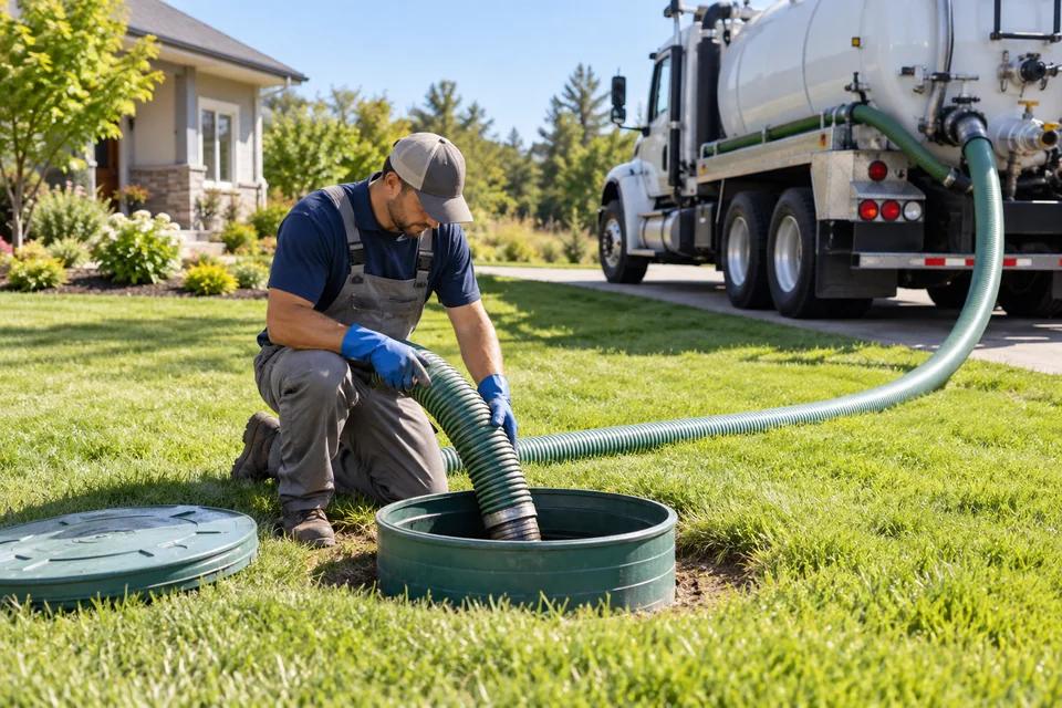 Septic service professional connecting a pump hose at a home