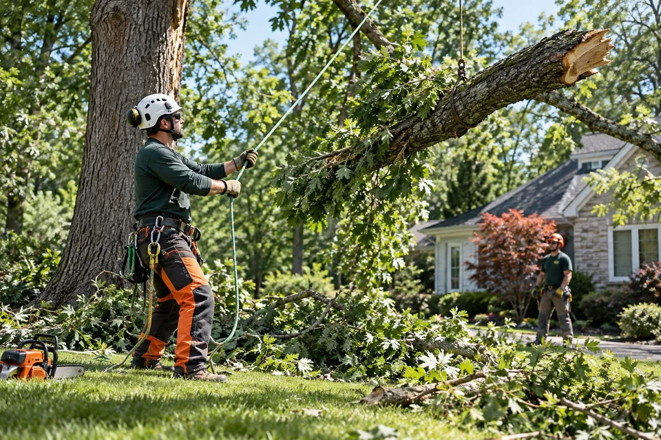 Arborist crew safely removing a large tree limb