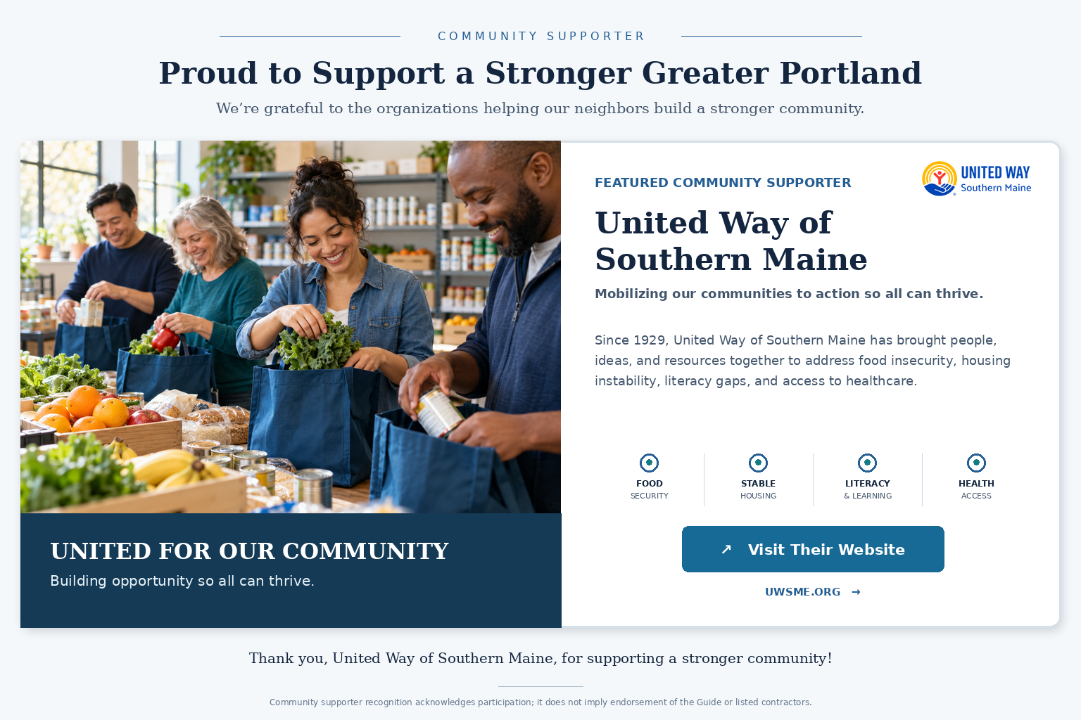 Illustrative food pantry volunteer scene on the United Way of Southern Maine Community Supporter card